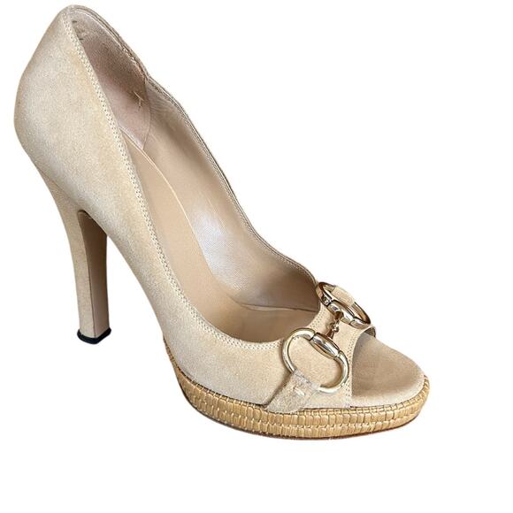 Gucci Suede Horsebit Platform Open toe Heels Pumps Sand 6.5 - Picture 1 of 15